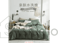 Bộ chăn/ga cotton tc màu xanh phối be (150 - 1)